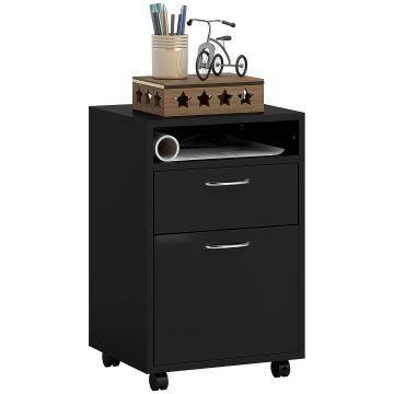 HOMCOM Dulap Mobil cu 4 Roți (2 cu Frână), Raft și 2 Sertare pentru Documente, PAL și Metal, 40x35x60 cm, Negru | Aosom Romania