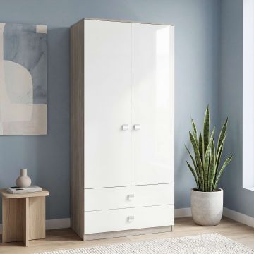Dulap haine LINEA 90, 2 usi 2 sertare, rafturi, Oak, Alb