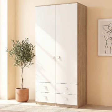 Dulap haine LINEA 90, 2 usi 4 sertare, Oak, Alb