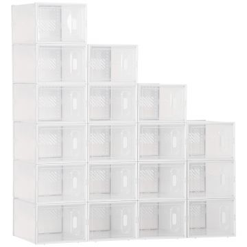 HOMCOM Dulap Dreptunghiular pentru Încălțăminte, Economisire Spațiu, 18 Cutii Transparente din Plastic PP, 25x35x19 cm | Aosom Romania