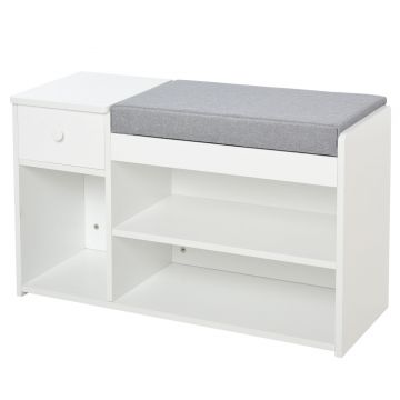 Banca pantofar cu perna, sertar si 3 compartimente deschise, mobilier din lemn pentru hol 81x31.5x49cm, alb | Aosom Romania