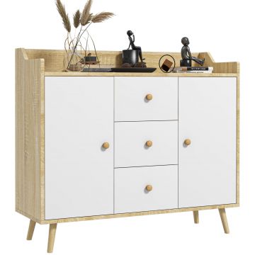 HOMCOM Comodă cu 3 Sertare și 2 Dulapuri cu Rafturi, Bufet Modern din PAL și Lemn de Pin, 90x32x80 cm, Alb | Aosom Romania