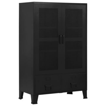 Dulap birou cu uși de plasă negru 75x40x120 cm oțel industrial