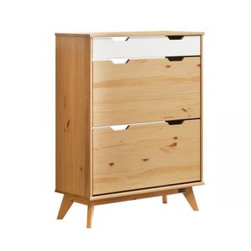 Dulap pentru pantofi Borneo Natur, 2 rafturi rabatabile, un sertar, lemn de pin, 101 x 33 x 80 cm