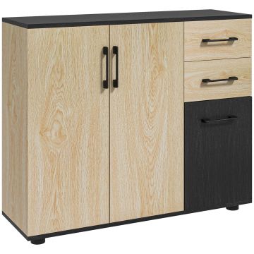 Bufet modern cu 2 dulapuri și 2 sertare, bufet de bucătărie cu raft reglabil, 90x30x75,5 cm, de culori nuc și negru HOMCOM | Aosom Romania