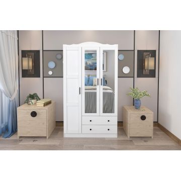 Dulap de Haine Sahra cu 3 Usi cu Oglinda si 2 Sertare, Alb, 105 x 186 x 56 cm