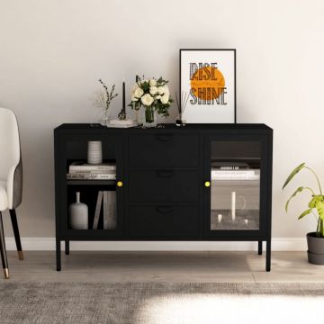 Servantă, negru, 105x35x70 cm, oțel și sticlă securizată