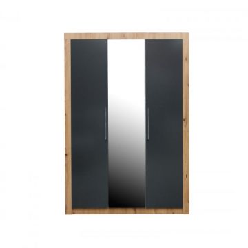 Dulap OSLO, oglinzi, 3 usi, 6 rafturi, bara de haine, corp artisan, fronturi gri antracit, 138,5x55x204,5 cm