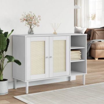 Servantă SENJA, aspect ratan alb, 112x40x80 cm, lemn masiv pin