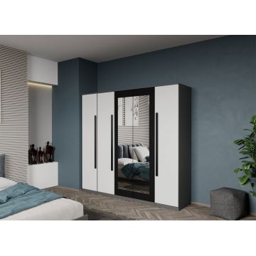 Dulap dormitor 5 usi Gri cu Alb+oglinda 205,4 x 192,5 cm - Dallas