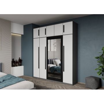 Dulap dormitor 5 usi Gri cu Alb+oglinda 205,4 x 240,3 cm - Dallas