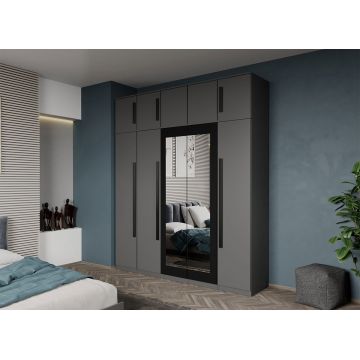 Dulap dormitor 5 usi Gri+oglinda 205,4 x 240,3 cm - Dallas
