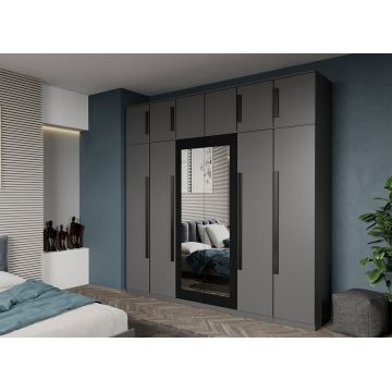 Dulap dormitor cu 6 usi Gri+oglinda 246,4 x 240,3 cm- Dallas