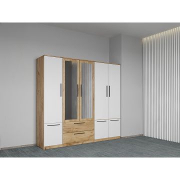 Dulap dormitor Stejar+Alb 5U cu oglinda - Madrid