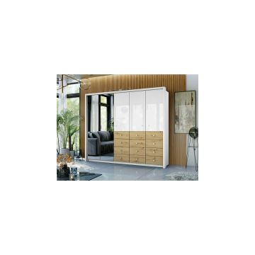 Dulap Boliwia, 5 usi + 12 sertare, 255x65x217 cm, STEJAR WOTAN/ALB LUCIOS
