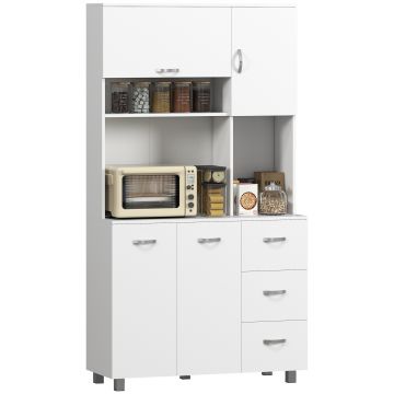 Homcom Bufet Înalt pentru Bucătărie, Dulap cu Sertare și Dulapioare, Rafturi Deschise pentru Microunde, 100x39.5x183.5cm, Alb | Aosom Romania