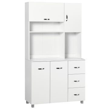 Homcom Bufet Înalt pentru Bucătărie, Dulap cu Sertare și Dulapioare, Rafturi Deschise pentru Microunde, 100x39.5x183.5cm, Alb | Aosom Romania