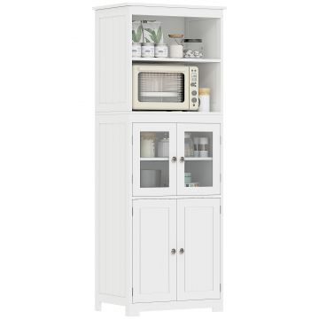 HOMCOM Dulap Camara Bucătărie, 2 Rafturi Deschise, 2 Dulapuri cu Uși, MDF și Sticlă Securizată, 60x30x162 cm, Alb | Aosom Romania