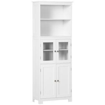 HOMCOM Dulap Camara Bucătărie, 2 Rafturi Deschise, 2 Dulapuri cu Uși, MDF și Sticlă Securizată, 60x30x162 cm, Alb | Aosom Romania