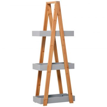 kleankin Raft Baie din MDF și Bambus, Soluție Depozitare Elegantă, 30x18x81 cm, Gri | Aosom Romania