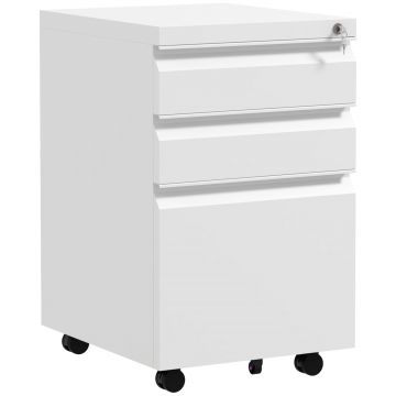 Vinsetto Dulap de Arhivare Mobil cu 3 Sertare, Comodă cu Roți din Oțel, Inchidere cu Cheie, Format A4, 37x43,5x60 cm, Alb | Aosom Romania