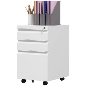 Vinsetto Dulap de Arhivare Mobil cu 3 Sertare, Comodă cu Roți din Oțel, Inchidere cu Cheie, Format A4, 37x43,5x60 cm, Alb | Aosom Romania
