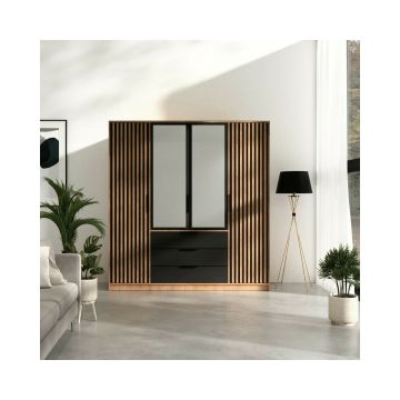 Dulap Bali Lux D4, 4 Usi + 3 Sertare, 196x57.5x200 cm, STEJAR WOTAN/NEGRU