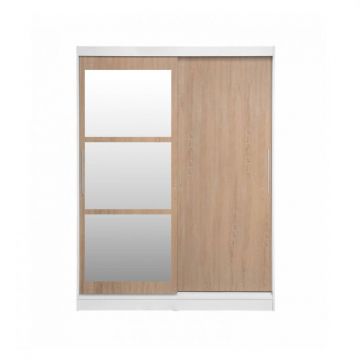 Dulap RODOS 02, cu usi glisante si oglinda, corp alb + usi sonoma, 150x60x200 cm