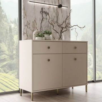 Comoda Cu 2 Usi Si 2 Sertare Supervita, Nisipiu Si Auriu, 113.7 Cm Comoda Cu 2 Usi Si 2 Sertare Supervita, Nisipiu Si Auriu, 113.7 Cm