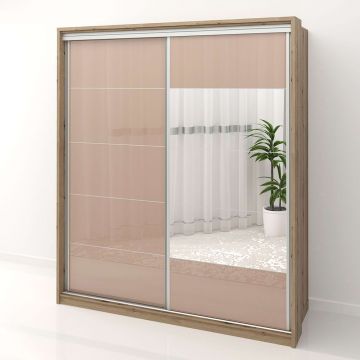 Dulap dormitor PRIMAVERA 185, H205, cu oglinda k3, Stejar, Cappuccino Gloss