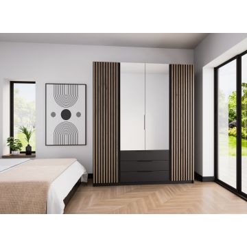 Dulap KAJA 4 Usi + 3 Sertare, BL/BL-EV 2LAM 2 LUSTRO 3S, 200x61.9x239 cm, Negru/Stejar Evoke