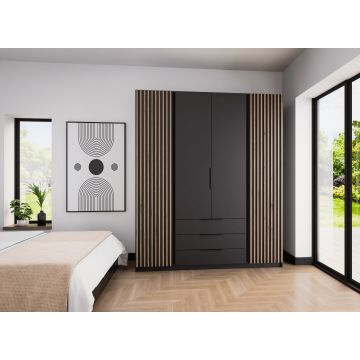 Dulap KAJA 4 Usi + 3 Sertare, BL/BL-EV 2LAM 2F 3S, 200x61.9x239 cm, Negru/Stejar Evoke