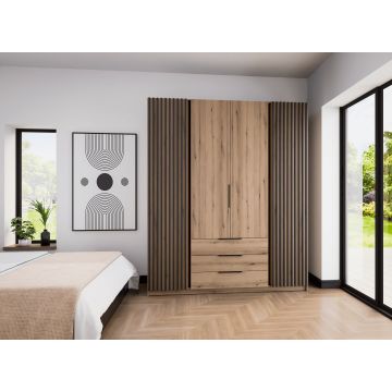 Dulap KAJA 4 Usi + 3 Sertare - EV/EV-BL 2LAM 2F 3S, 200x61.9x239 cm, Stejar Evoke/Stejar Evoke si Negru