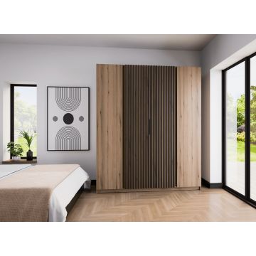 Dulap KAJA 4 Usi, EV/EV-BL 2F 2LAM , 200x61.9x239 cm, Stejar Evoke/Stejar Evoke si Negru