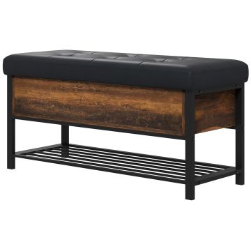HOMCOM Bancă de Pantofi cu Capac Rabatabil, Banchetă pentru Intrare cu Compartiment Ascuns și Raft Inferior, 100x40x50 cm, Maro Rustic | Aosom Romania