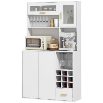 HOMCOM Dulap de Bucătărie cu Depozit de Vinuri, Bufet cu Cabină, Blat cu Microunde, Sertar, Poliță, Uși din Sticlă, 100x38x172 cm, Alb | Aosom Romania