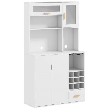 HOMCOM Dulap de Bucătărie cu Depozit de Vinuri, Bufet cu Cabină, Blat cu Microunde, Sertar, Poliță, Uși din Sticlă, 100x38x172 cm, Alb | Aosom Romania