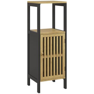 HOMCOM Dulap de Depozitare Îngust, Dulap de Baie Mic din Bambus cu Compartiment Deschis și Raft Reglabil, 32x30x90.5 cm, Negru | Aosom Romania