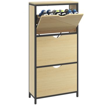 HOMCOM Dulap Îngust pentru Pantofi cu 3 Sertare Flip, Dulap Subțire cu Rafturi Reglabile, 60x24x124 cm, Lemn Natural | Aosom Romania