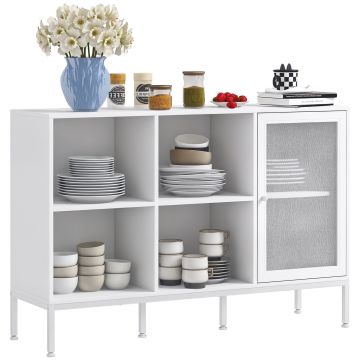 HOMCOM Dulap Modern de Depozitare cu Ușă din Plasă, 4 Compartimente Deschise și Raft Reglabil, 120x37x81.5 cm, Alb | Aosom Romania