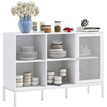 HOMCOM Dulap Modern de Depozitare cu Ușă din Plasă, 4 Compartimente Deschise și Raft Reglabil, 120x37x81.5 cm, Alb | Aosom Romania