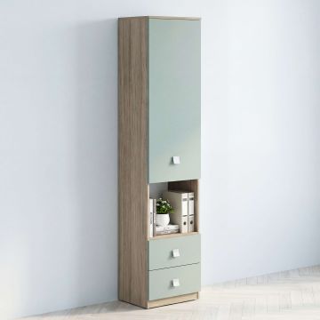 Dulap birou bibliorafturi LINEA 45, 1 Usa, 2 Sertare, Oak, Verde Eucalipt