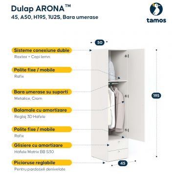 Dulap haine ARONA 45, A50, H195, 1U2S, Alb Portelan, Stejar