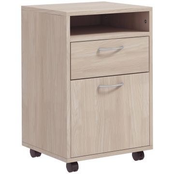 HOMCOM Dulap de Birou cu 4 Roți, Raft Deschis, 2 Sertare, Mobilier de Birou din Lemn și Metal, 40x35x60 cm, Lemn Natural | Aosom Romania