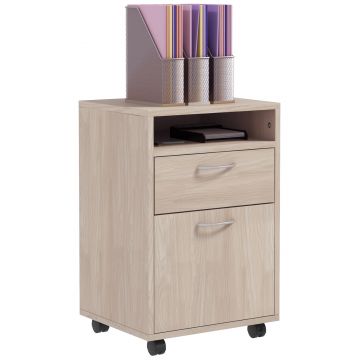 HOMCOM Dulap de Birou cu 4 Roți, Raft Deschis, 2 Sertare, Mobilier de Birou din Lemn și Metal, 40x35x60 cm, Lemn Natural | Aosom Romania