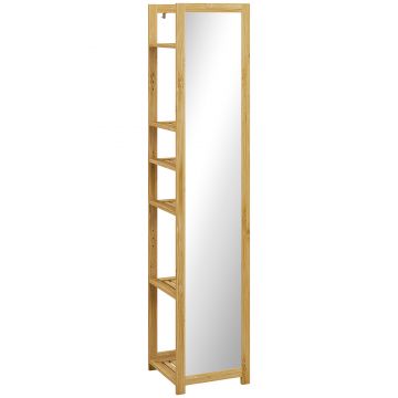 HOMCOM  Poliță Baie pe 6 Niveluri cu Oglindă, Suport de Depozitare Multifuncțional, 35x35x168 cm, Lemn Natural | Aosom Romania