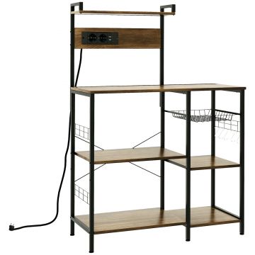 HOMCOM Raft de Bucatarie cu Prize Mutiple, Dulap Bucatarie pentru Microunde cu Rafturi si Cos din Sarma Stil Industrial, 90x42x130cm, Maro