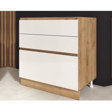 Corp inferior bucatarie Chelsea, 90x49x82cm, 3 sertare, Stejar K003+Acril Alb