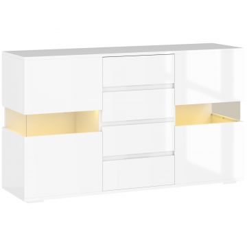HOMCOM Bufet cu Lumini LED Reglabile prin Telecomandă, Mobilier de Sufragerie cu 4 Sertare și 2 Dulapuri, 120x34x70 cm, Alb | Aosom Romania