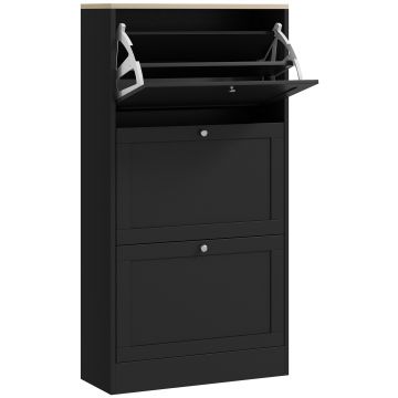 HOMCOM Dulap Îngust pentru Pantofi cu 3 Sertare și Rafturi Reglabile pe 2 Niveluri, 60x23,5x115 cm, Negru | Aosom Romania